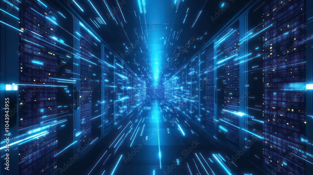 Poster Abstract futuristic server room with glowing blue light streaks and rows of servers in the background.