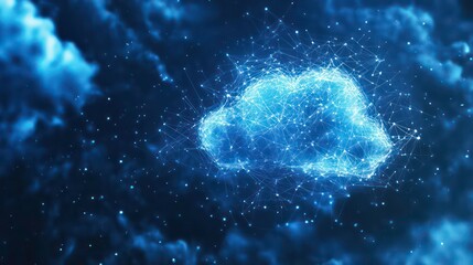 A stylized cloud symbol made of connected glowing lines on a dark blue background with cloud-like textures.