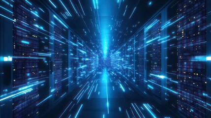 Abstract futuristic server room with glowing blue light streaks and rows of servers in the background.