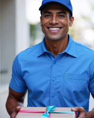 A cheerful latin-american delivery man in a blue uniform, smiling while holding a neatly wrapped gift box with a blue ribbon. Shipping, customer service, holiday gift delivery, Black Friday.