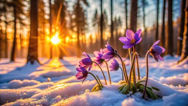 close-up sunrise winter bloom purple flowers snowy forest landscape