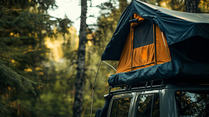 Rooftop Tent Adventure:  A rugged rooftop tent perched atop a vehicle, ready for an off-road adventure in a serene forest setting.