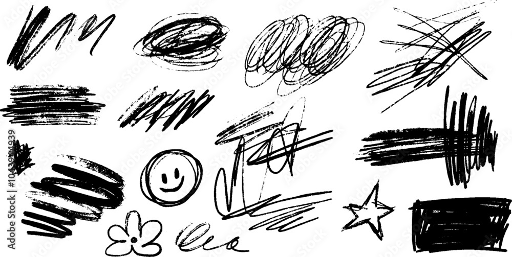 Poster Vector punk art set featuring a messy flower and star scribble. Hand drawn smiley face with a rough texture. Abstract design using crayon and ink elements.