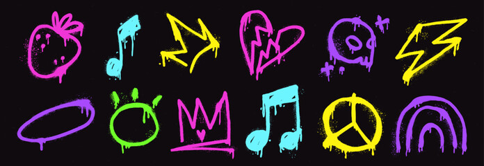 
Vector art set featuring colorful spray graffiti.  Cool urban design with lightning, hearts, and funky typography. Isolated abstract artwork for a teenage vibe.