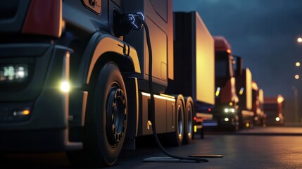 Naklejka premium Electric trucks at charging stations, focus on charging plug.