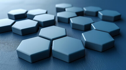 Obraz premium A collection of hexagonal shapes is scattered across a smooth, textured surface. The various shades of blue create a serene atmosphere, emphasizing the geometric patterns formed by the arrangement.