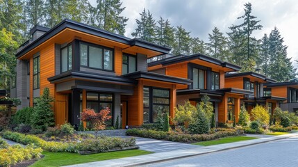rows of modern homes designed in a contemporary style set in a vibrant residential neighborhood showcasing diverse architectural elements that attract potential buyers