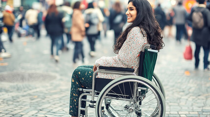 Confident disabled indian woman in wheelchair amidst busy urban crowd