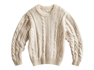 Cozy cream cable-knit sweater with classic ribbed cuffs and neckline for a snug fit.