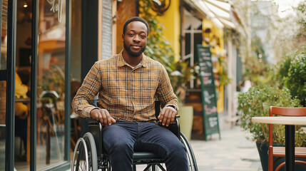 Confident African American man in wheelchair enjoying outdoor cafe experience