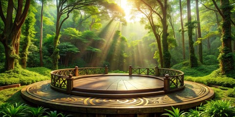Circular Wooden Platform Surrounded by Lush Forest and Sun Rays, Nature, Forest Stage