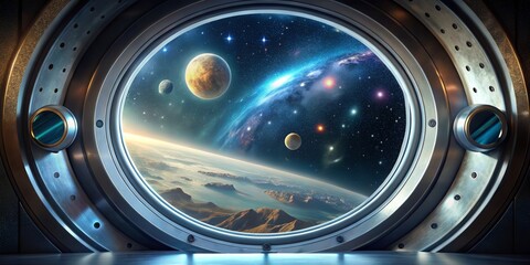 Cosmic Window Futuristic Spaceship View of Distant Planets, Galaxy and Earth, Space Travel, Sci-fi , Space Exploration