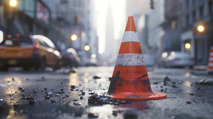 Traffic Cone on City Street - Road Work and Urban Landscape