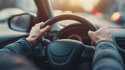 Close-up of Driver's Hands on Steering Wheel - Urban Driving Experience