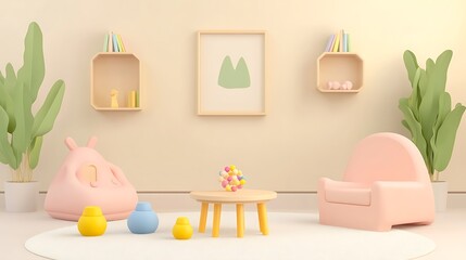 Minimalist Playroom Interior Design with Pastel Colors and Cartoon Furniture.