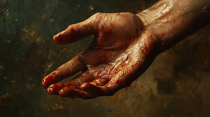 Fototapeta premium Close-up of a hand covered in blood, with intense details highlighting the texture and drama of the scene