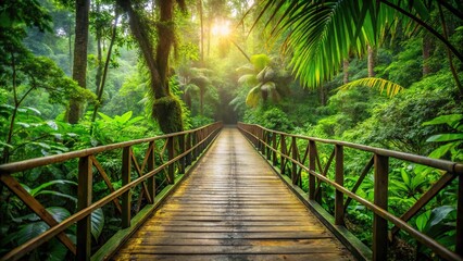 Fototapeta premium Close-Up train crossing bridge in lush jungle forest