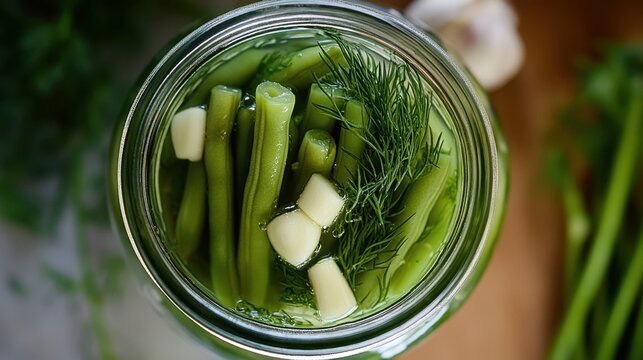 A glass jar of pickled green beans with garlic and dill, the vegetables tightly packed in the clear brine.