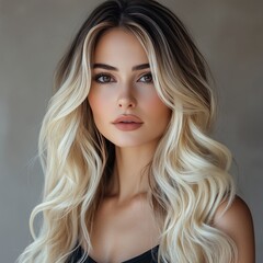 Naklejka premium A woman with long wavy hair posing against a neutral background in a stylish outfit during daylight