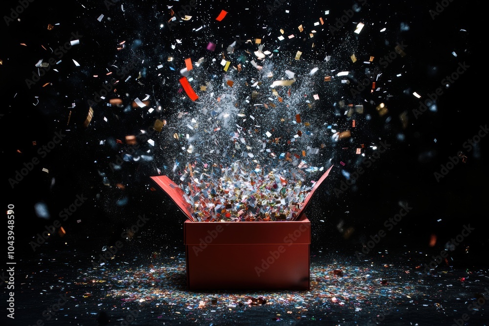 Aufkleber A burst of confetti and colorful ribbons erupts from an open gift box, adding excitement and joy to any special occasion. Generative AI