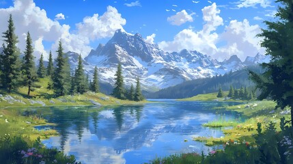 Fototapeta premium Crystal-clear mountain lake reflecting towering peaks and a bright blue sky, surrounded by evergreen trees and wildflowers