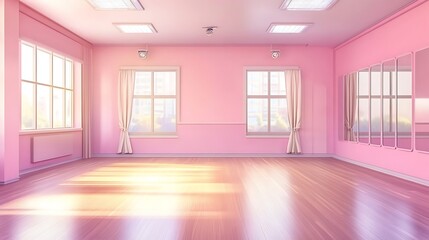 Obraz premium Empty pink room with wooden floor and windows.