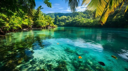 Obraz premium Crystal-clear tropical lagoon surrounded by lush greenery, with colorful fish swimming below the surface and palm trees framing the view