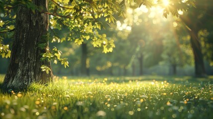 Obraz premium Sunlight Filtering Through Trees in a Lush Green Meadow