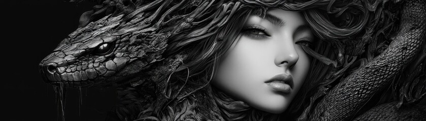 Fototapeta premium A striking black-and-white image of a woman with a serpent-like headdress, blending beauty and elements of nature in a mystical aesthetic.