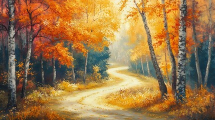 Obraz premium Golden autumn landscape with vibrant trees, a winding path through the woods, and the soft crunch of leaves underfoot