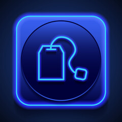Tea bag simple icon vector. Flat design. Blue neon style on button. With shadow