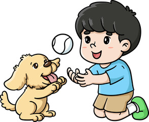 An image of a little boy playing ball with a puppy.