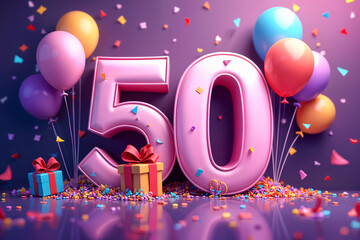 50th birthday card. Large, pink number 50 with balloons and gifts around it, celebrating a milestone or anniversary.