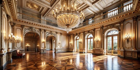 Obraz premium Golden Grand Ballroom Interior with Ornate Chandelier and Sunbeams, luxury , interior design