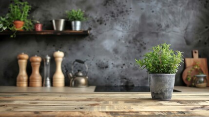 Rustic Kitchen Countertop with Green Plant and Wooden Table