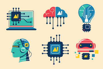 Artificial Intelligence Modern Technologies Illustration Sticker and Emblem Set