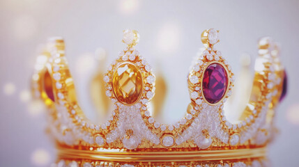 Fototapeta premium stunning golden crown adorned with colorful jewels and sparkling diamonds, radiating elegance and luxury. intricate design showcases blend of craftsmanship and beauty, perfect for royal occasions