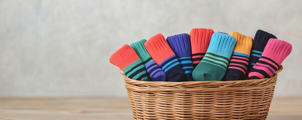 A basket full of colorful socks, ready to be folded, capturing the joy of laundry day