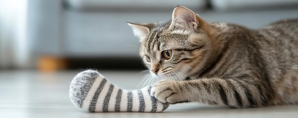 Obraz premium A cat playing with a sock on the floor, adding a cute and playful element to Sock Day