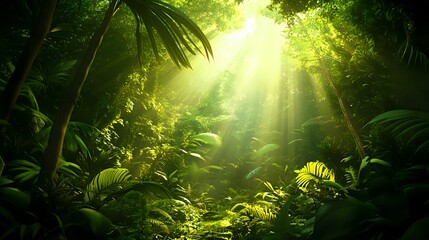 Lush tropical rainforest with tall trees, vibrant green foliage, and sun rays filtering through dense canopies, creating a serene jungle atmosphere
