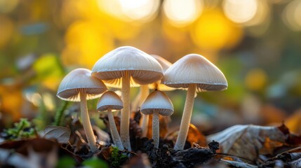 A group of wild mushrooms growing in the shade, with their delicate caps and stems beautifully detailed.