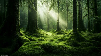 Obraz premium Moss-covered forest floor with tall trees, beams of sunlight filtering through the canopy, and a tranquil, ancient atmosphere