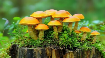 Fototapeta premium A group of wild mushrooms growing on a tree stump, surrounded by moss and small forest plants.