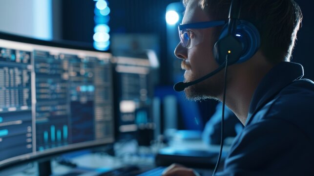Man Working on Computer with Headset and Data Visualization on Screen