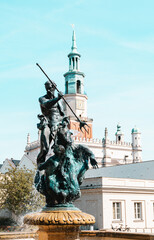 Historical Statue at Stary Rynek Square in Poznań, Poland, with a Beautiful Blue Sky