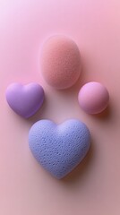 Obraz premium Colorful beauty sponges arranged on a soft pink background with varying shapes and sizes