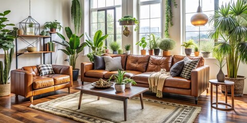 Fototapeta premium Leather Sofa Living Room Interior Design with Wooden Floor and Plants, interior design , living room