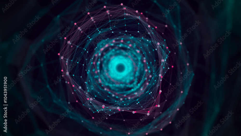 Wall mural cyber tunnel consisting of moving glowing points. futuristic infinite space background. concept of d