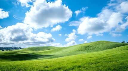 Obraz premium Rolling green hills under a vibrant blue sky with fluffy white clouds, creating a peaceful and pastoral countryside scene