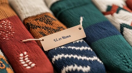 Close-up of embroidered socks with a personalized name tag, ready for gifting